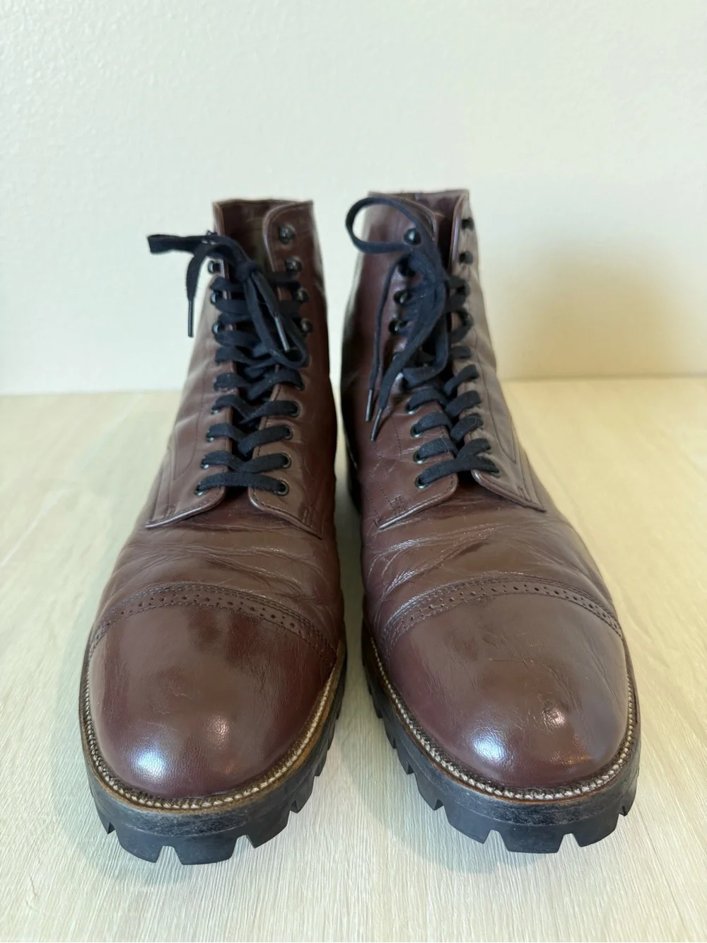 Stacy Adams Men’s Brown Leather Cap Toe Lace Up Ankle Boots Vibram Sole Size 12